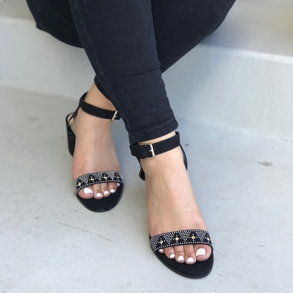 Black Ankle Strap Embellished Block Heel Sandals - Picture 2 of 7
